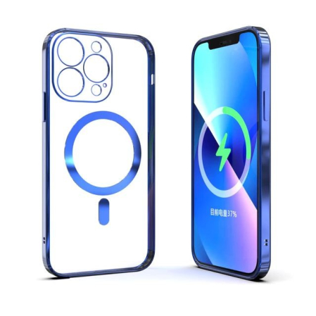 Husa MagSafe pentru Apple iPhone 14 Pro, Full Cover, Protectie camera, Margini colorate Electroplating, Magnetica, Incarcare Wireless, , Albastru [3]