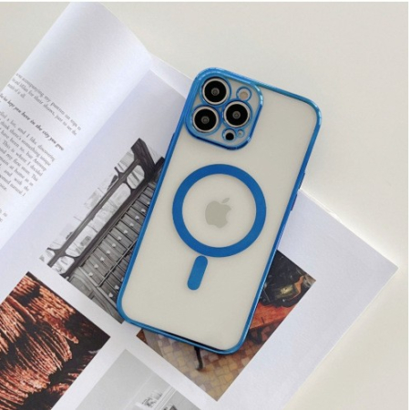 Husa MagSafe pentru Apple iPhone 14 Pro Max, Protectie camera, Full TPU, Margini colorate Electroplating, Magnetica, Incarcare Wireless, , Albastru [3]