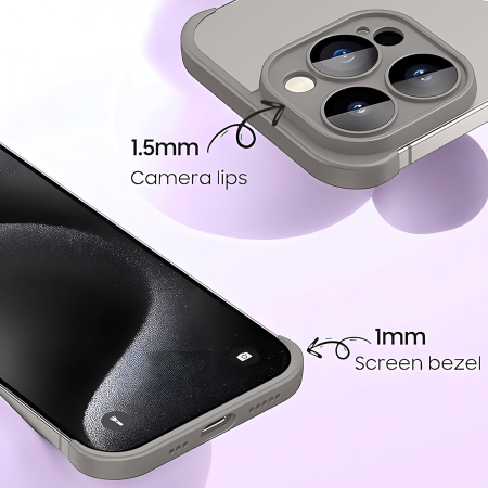 Husa Metalica Edgeless Compatibila cu iPhone 15, , Protectie pentru Colturi si Camera, Aliaj, Antisoc, Antizgariere, Gri Mat [1]