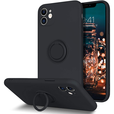 Ring Silicone Case - Husa protectie compatibila cu Apple iPhone 11 Liquid Silicone Ring cu suport rotativ Negru