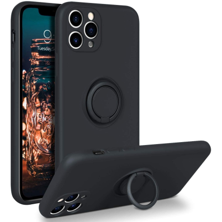 Ring Silicone Case - Husa protectie compatibila cu Apple iPhone 11 Pro Liquid Silicone Ring cu suport rotativ Negru