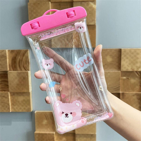 Husa subacvatica Glitter Kids Waterproof , Snowproof, Universala, cu Snur, pentru telefon sau documente, Cute Bear, Roz [2]