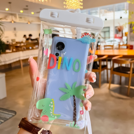 Husa subacvatica Glitter Kids Waterproof , Snowproof, Universala, cu Snur, pentru telefon sau documente, Dino, Alb [2]