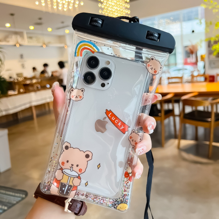 Husa subacvatica Glitter Kids Waterproof , Snowproof, Universala, cu Snur, pentru telefon sau documente, Lucky Bear, Negru [3]