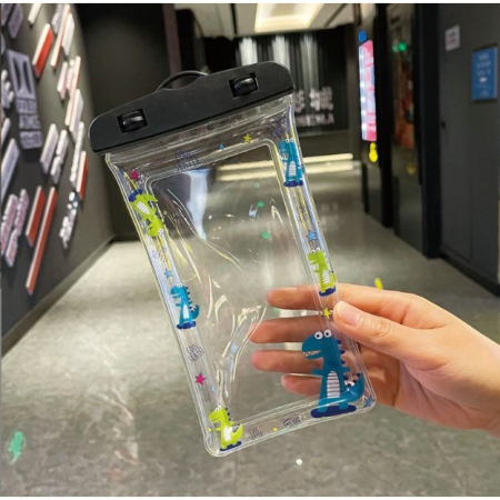 Husa subacvatica Kids Waterproof , Snowproof, Universala, cu Snur, pentru telefon sau documente, Dino, Negru [3]