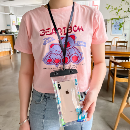 Husa subacvatica Kids Waterproof , Snowproof, Universala, cu Snur, pentru telefon sau documente, Dino, Negru [1]