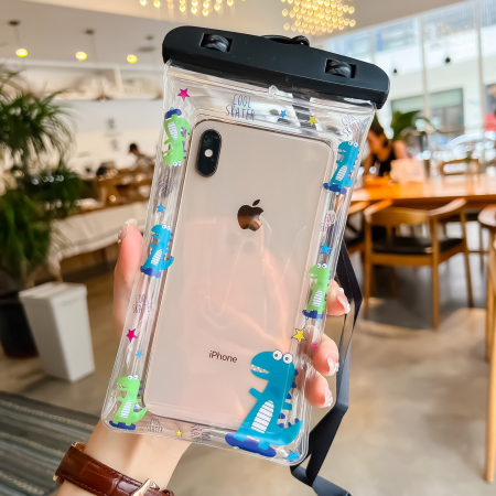 Husa subacvatica Kids Waterproof , Snowproof, Universala, cu Snur, pentru telefon sau documente, Dino, Negru [2]