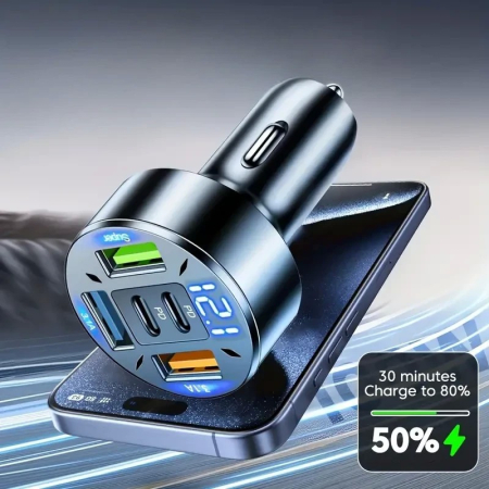 Incarcator Auto 5 in 1, , 3 x Port USB Fast Charge QC3.1 si 2 x Type C, PD 65W, Negru [7]