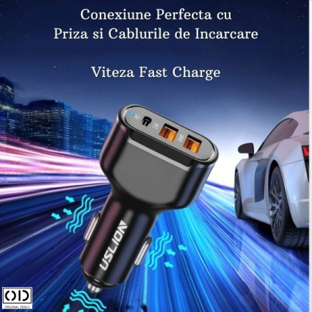 Incarcator Auto cu Incarcare Rapida Fast Charge cu 3 Porturi USB si USB Tip C cu Multiple Protectii si Cip Smart Integrat Pentru Priza Masina 12V, Negru [1]
