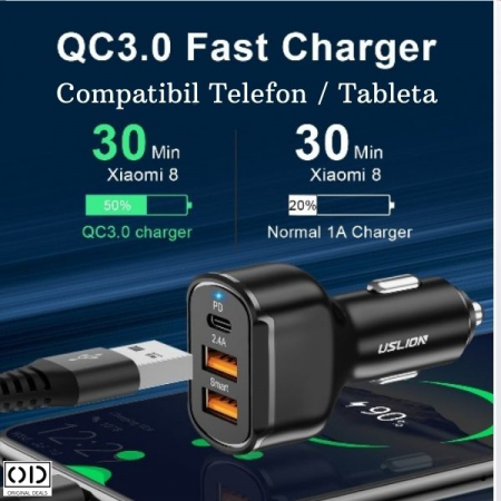 Incarcator Auto cu Incarcare Rapida Fast Charge cu 3 Porturi USB si USB Tip C cu Multiple Protectii si Cip Smart Integrat Pentru Priza Masina 12V, Negru [1]