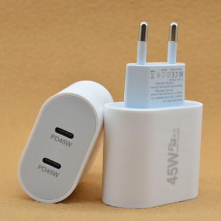 Incarcator Fast Charge pentru Telefon, , Power Delivery 45W, Dual Port Type-C PD45W, Compatibil cu orice Telefon, Alb [1]