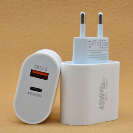 Incarcator Fast Charge pentru Telefon, , Power Delivery 45W, Dual Port USB-A Q.C 3.0 si Type-C PD45W, Compatibil cu orice Telefon, Alb [1]