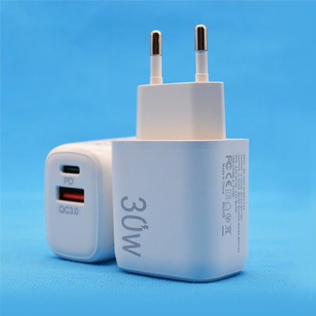 Incarcator Fast Charging pentru Telefon, , Dual Port USB-A si USB-C cu Cap de Incarcare Standard European, 30W Q.C 3.0, Alb [1]