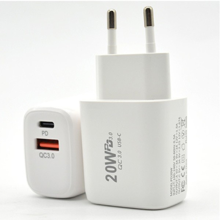 Incarcatoare Telefoane - Incarcator Fast Charging pentru Telefon, , Dual Port USB-A si USB-C cu Cap de Incarcare Standard European, Power Delivery 20W Q.C 3.0, Alb