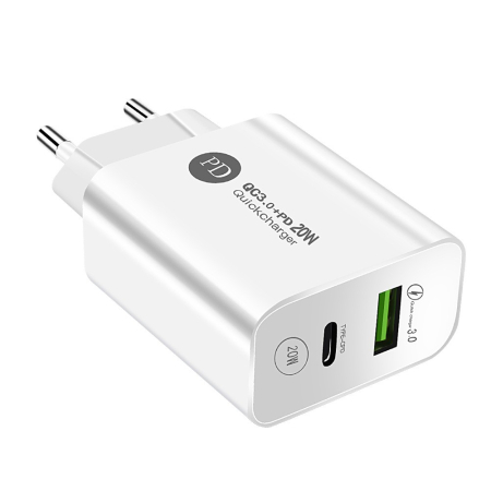 Incarcatoare Telefoane - Incarcator Rapid PD QC3.0, , 2 Porturi, USB + Type C, 20W, Incarcare Rapida, Protectie Supraincalzire, 9.5 x 5.3 x 5.8 cm, Alb