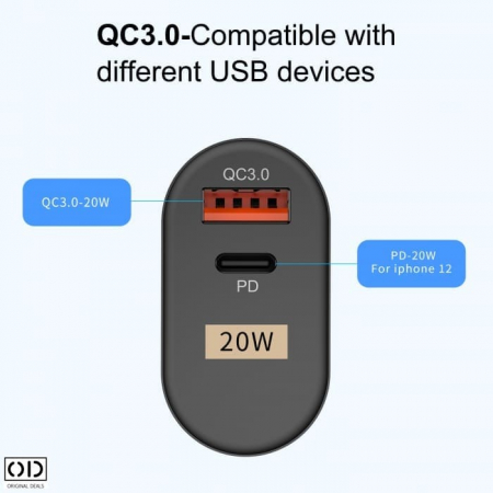 Incarcator Retea si Priza Inteligent cu 2 Porturi USB Ultra Charge 1x USB 3.0 si 1x USB Tip C cu Incarcare Super Rapida Compatibil Universal [32]