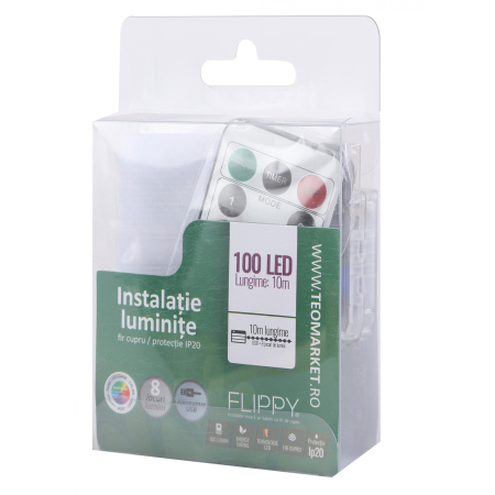 Instalatie Craciun, 10 metri, 100 LED-uri, multicolor, telecomanda 8 functii, USB, fir cupru, liniar, interior/exterior, [2]