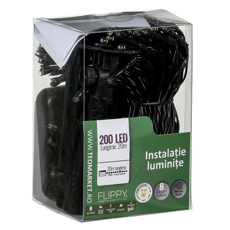 Instalatie Craciun, 20 metri, 200 de LED-uri, alb cald, cu energie solara, fir de cupru, liniar, interior/exterior,  [6]