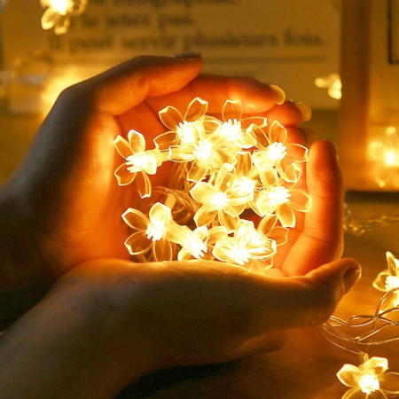 Instalatie Craciun, 5 metri, 20 Becuri LED tip Flori de cires, pentru exterior cu incarcare solara, Alb cald,  [2]