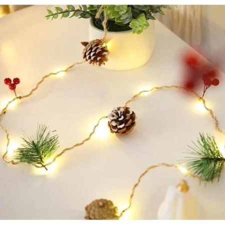 Instalatie Craciun cu baterii, 2 metri, 20 LED-uri tip ace si conuri de pin simple, Alb Cald,  [1]