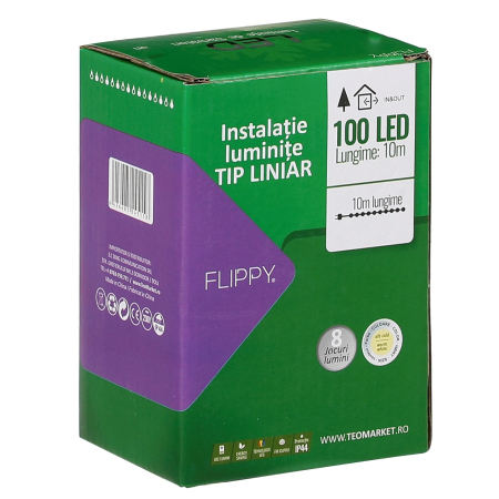 Instalatie Craciun liniara, cu transformator 31V, 10m, alb cald, 100 LED-uri V5, 8 jocuri de lumini, Fir verde,  [1]