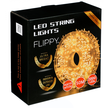 Instalatie Craciun liniara, fir transparent, cu transformator, 50m, alb cald, 2000 LED-uri, 8 jocuri de lumini,  [1]