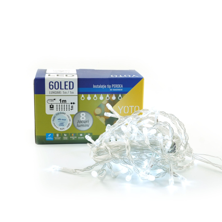 Instalatie Craciun, Tip Perdea, 1 m x 1 m, 60 LED-uri, Alb Rece, Controler, 8 jocuri de lumini, Interconectabila, Fir transparent, Interior/ Exterior,  [2]