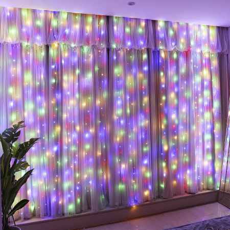 Perdea - Instalatie Craciun, Tip Perdea, 1 m x 1 m, 60 LED-uri, Multicolor, Controler, 8 jocuri de lumini, Interconectabila, Fir transparent, Interior/ Exterior, Yoto