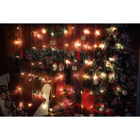 Instalatie Craciun, Tip Perdea, IP44, 14 m x 1 m, 840 LED-uri, Alb cald, 8 jocuri de lumini, Transformator cu telecomanda, Interconectabila, Prelungitor 3 m inclus, Fir transparent, Interior/ Exterior,  [4]