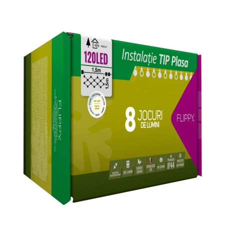 ✨TOATE PRODUSELE✨ - Instalatie Craciun, Tip Plasa, 1.5 m x 1.5 m, 120 LED-uri, Alb cald, 8 jocuri de lumini, Transformator cu telecomanda, Interconectabila, Prelungitor 3 m inclus, Fir transparent, 