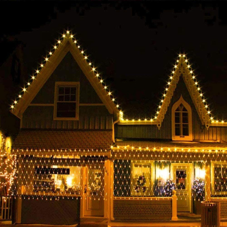 Plasa - Instalatie Craciun, Tip Plasa, IP 44, 15 x 1 m, 720 LED-uri, Alb cald, 8 jocuri de lumini, Transformator fara telecomanda, Interconectabila, Prelungitor 3 m inclus, Fir transparent, 