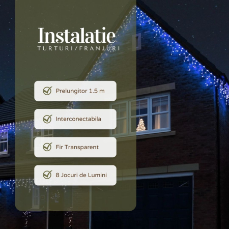 Instalatie Craciun Yoto, Tip Franjuri/Turturi, 7 m, 200 LED-uri, Prelungitor 1.5 m, 8 Jocuri de Lumini, Interconectabila, Conectare la Retea, Fir transparent, Interior/Exterior, Albastru [3]