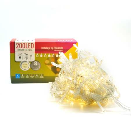 Instalatie Craciun Yoto, Tip Franjuri/Turturi, 7 m, 200 LED-uri, Prelungitor 1.5 m, 8 Jocuri de Lumini, Interconectabila, Conectare la Retea, Fir transparent, Interior/Exterior, Alb Cald [7]