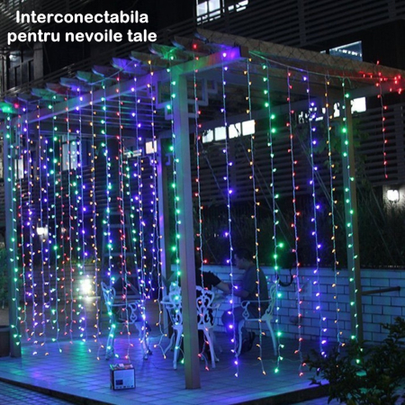 Instalatie Craciun Yoto, Tip Perdea, 3 m x 2 m, 240 LED-uri, Prelungitor 1.5 m, 8 Jocuri de Lumini, Interconectabila, Fir transparent, Interior/Exterior, Multicolor [3]