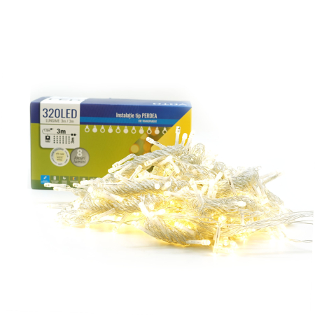 Instalatie Craciun Yoto, Tip Perdea, 3 m x 3 m, 320 LED-uri, Prelungitor 1.5 m, 8 Jocuri de Lumini, Interconectabila, Fir transparent, Interior/Exterior, Alb Cald [5]