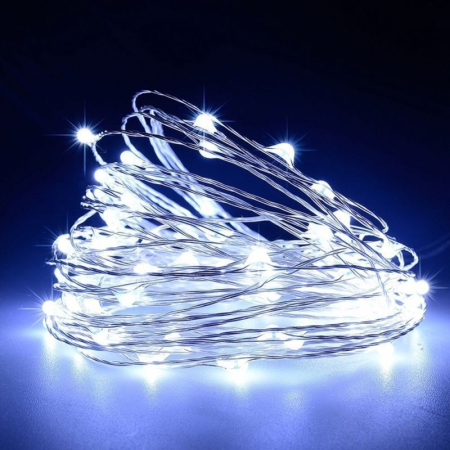 Instalatie de Craciun, , Decoratiune de Craciun, 50 Beculete LED, cu Baterii si Telecomanda, cu 8 Functii, Lungime 5 m, Alb rece