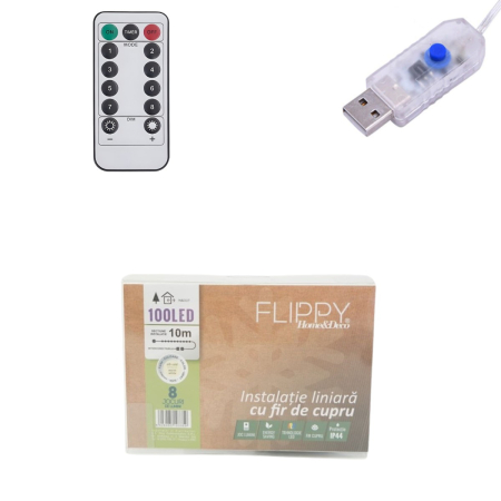 Instalatie de Craciun Liniara, ®, Tip Liniara, Fir Cupru, 8 Jocuri de Lumini, cu Telecomanda, 10 m, 100 Led-uri, Alimentare USB, 4.5V, Alb Cald [7]