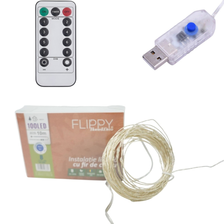Instalatie de Craciun Liniara, ®, Tip Liniara, Fir Cupru, 8 Jocuri de Lumini, cu Telecomanda, 10 m, 100 Led-uri, Alimentare USB, 4.5V, Albastru [1]