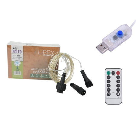 Instalatie de Craciun Liniara, ®, Tip Liniara, Fir Cupru, 8 Jocuri de Lumini, cu Telecomanda, 5 m, 50 Led-uri, Alimentare USB, 4.5V, Alb Rece [2]
