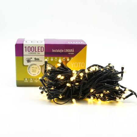 Instalatie de Craciun liniara Yoto, 10 m, din care 1 m cablu priza 220V, 100 LED, 8 jocuri de lumini, controler, fir negru, alb cald [2]