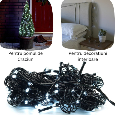 Instalatie de Craciun liniara Yoto, 10 m, din care 1 m cablu priza 220V, 100 LED, 8 jocuri de lumini, controler, fir negru, alb rece [2]
