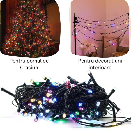 Instalatie de Craciun liniara Yoto, 10 m, din care 1 m cablu priza 220V, 100 LED, 8 jocuri de lumini, controler, fir negru, multicolor [6]