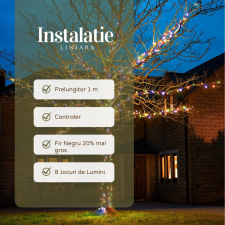 Instalatie de Craciun Liniara Yoto, 22 m, din care 1 m Prelungitor 220V, 300 LED, 8 jocuri de lumini, Controler, Utilizare Interior/Exterior, Fir Negru, multicolor [1]