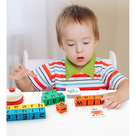 Joc cu Blocuri din Lemn, , Formare Cuvinte, Cartonase cu Obiecte si Animale, Clopotel, Joc pentru 4 Persoane, 3 Ani+, 28x15.5x5 cm, Multicolor [13]