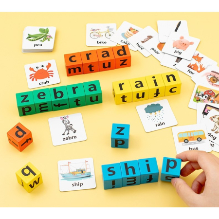 Joc cu Blocuri din Lemn, , Formare Cuvinte, Cartonase cu Obiecte si Animale, Clopotel, Joc pentru 4 Persoane, 3 Ani+, 28x15.5x5 cm, Multicolor [14]