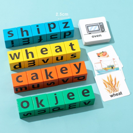 Joc cu Blocuri din Lemn, , Formare Cuvinte, Cartonase cu Obiecte si Animale, Clopotel, Joc pentru 4 Persoane, 3 Ani+, 28x15.5x5 cm, Multicolor [3]