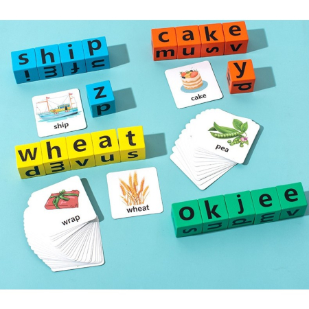 Joc cu Blocuri din Lemn, , Formare Cuvinte, Cartonase cu Obiecte si Animale, Clopotel, Joc pentru 4 Persoane, 3 Ani+, 28x15.5x5 cm, Multicolor [8]