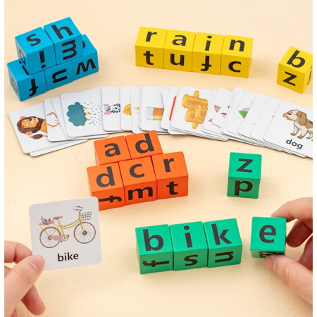 Joc cu Blocuri din Lemn, , Formare Cuvinte, Cartonase cu Obiecte si Animale, Clopotel, Joc pentru 4 Persoane, 3 Ani+, 28x15.5x5 cm, Multicolor [10]