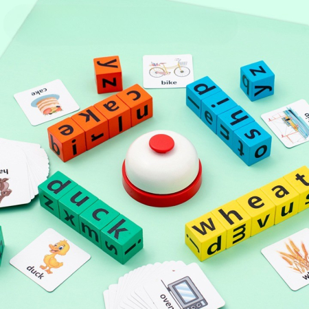 Joc cu Blocuri din Lemn, , Formare Cuvinte, Cartonase cu Obiecte si Animale, Clopotel, Joc pentru 4 Persoane, 3 Ani+, 28x15.5x5 cm, Multicolor [6]