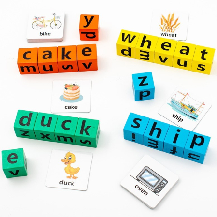 Joc cu Blocuri din Lemn, , Formare Cuvinte, Cartonase cu Obiecte si Animale, Clopotel, Joc pentru 4 Persoane, 3 Ani+, 28x15.5x5 cm, Multicolor [16]